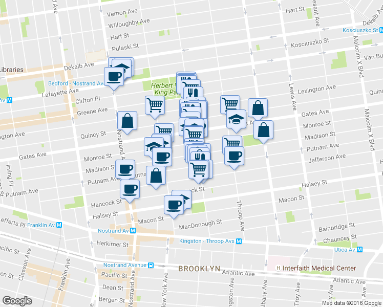 map of restaurants, bars, coffee shops, grocery stores, and more near 344 Monroe Street in Brooklyn