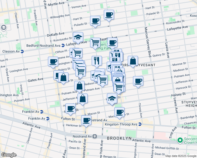 map of restaurants, bars, coffee shops, grocery stores, and more near 283 Monroe Street in Brooklyn