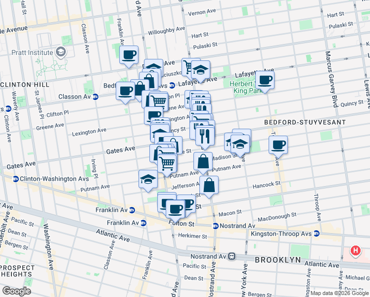 map of restaurants, bars, coffee shops, grocery stores, and more near 370 Gates Avenue in Brooklyn