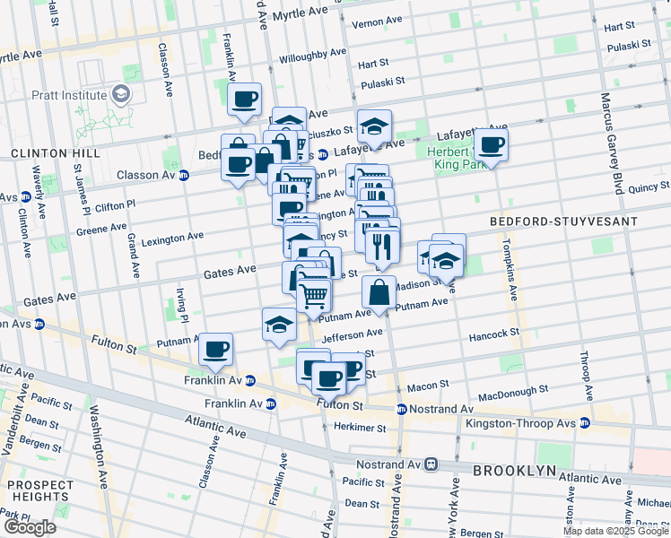 map of restaurants, bars, coffee shops, grocery stores, and more near 338A Gates Avenue in Brooklyn
