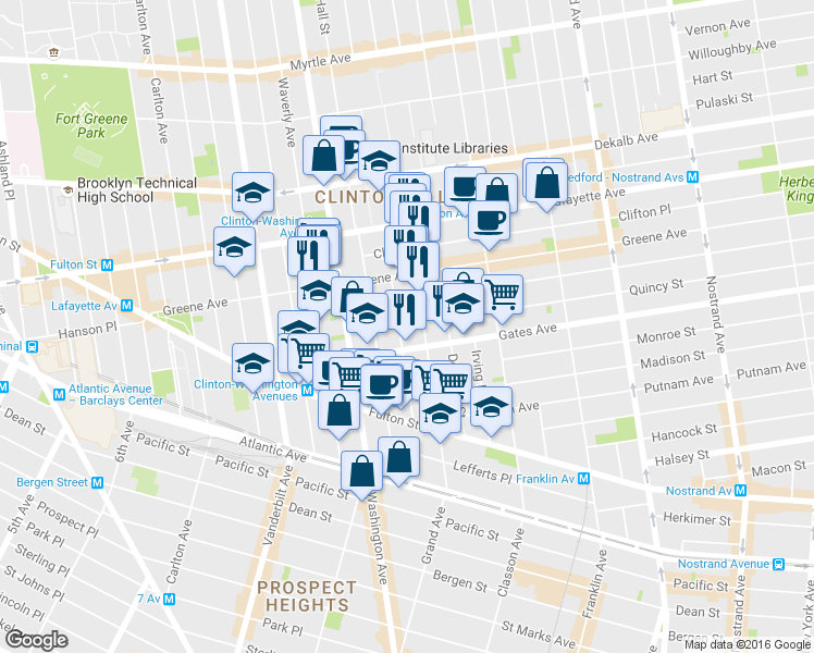 map of restaurants, bars, coffee shops, grocery stores, and more near 34 Cambridge Place in Brooklyn
