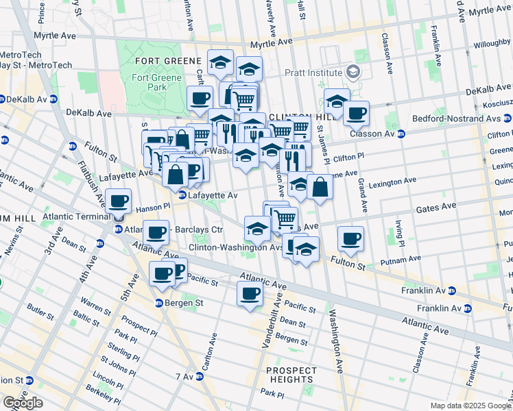 map of restaurants, bars, coffee shops, grocery stores, and more near 72 Greene Avenue in Brooklyn