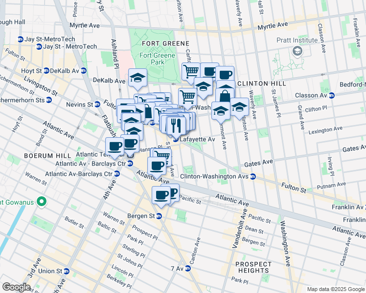 map of restaurants, bars, coffee shops, grocery stores, and more near 19 Greene Avenue in Brooklyn
