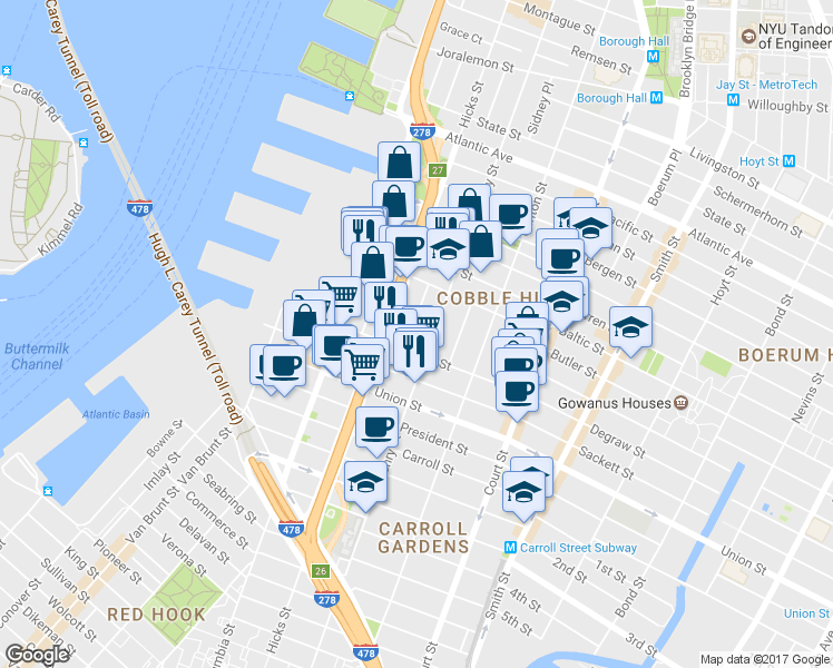 map of restaurants, bars, coffee shops, grocery stores, and more near 30 Cheever Place in Brooklyn