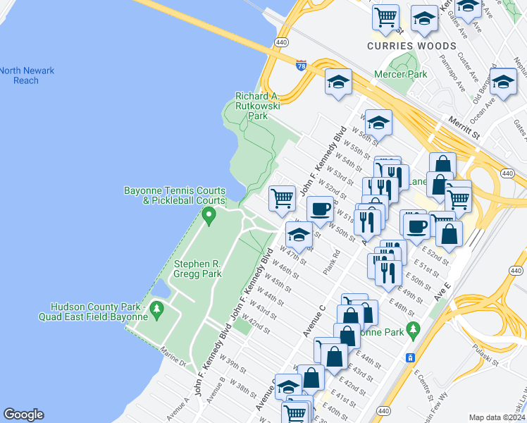 map of restaurants, bars, coffee shops, grocery stores, and more near 183 West 49th Street in Bayonne