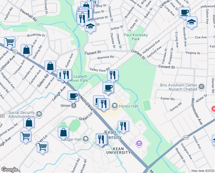 map of restaurants, bars, coffee shops, grocery stores, and more near 107 Valley View Road in Hillside