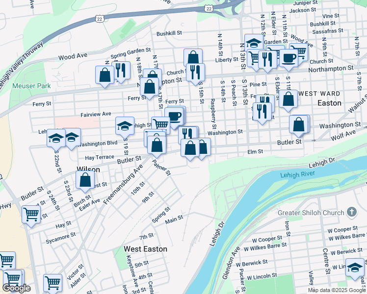 map of restaurants, bars, coffee shops, grocery stores, and more near 1614 Washington Boulevard in Easton