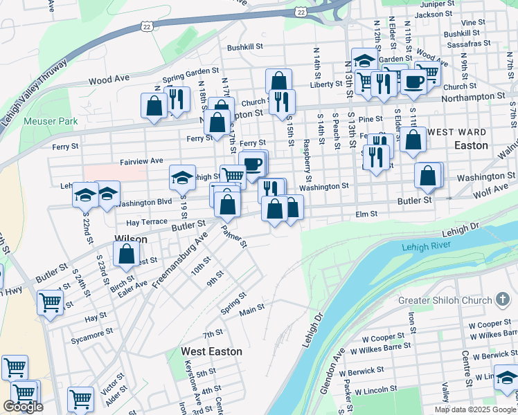 map of restaurants, bars, coffee shops, grocery stores, and more near 1614 Washington Boulevard in Easton
