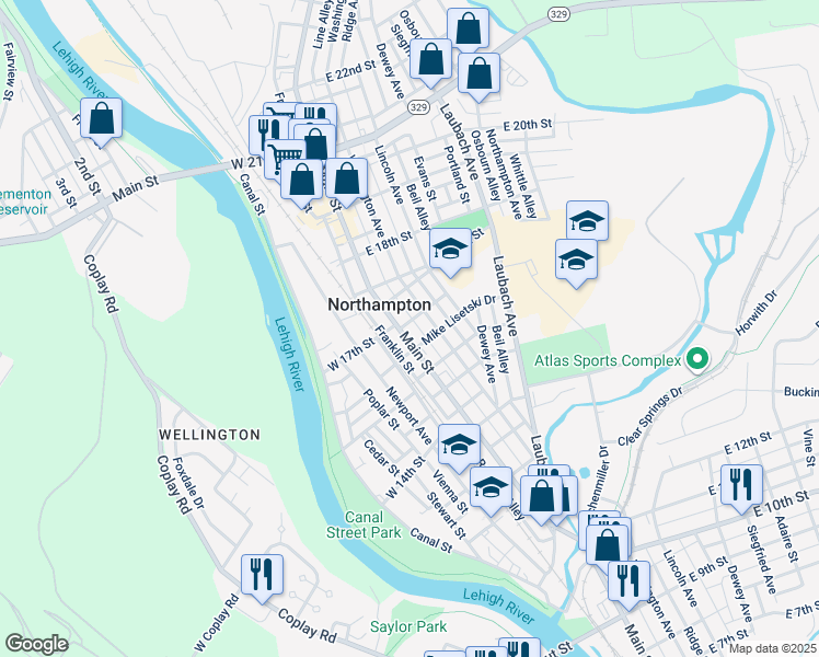 map of restaurants, bars, coffee shops, grocery stores, and more near 1659 Washington Avenue in Northampton