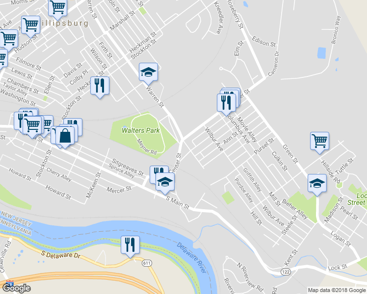 map of restaurants, bars, coffee shops, grocery stores, and more near 656 Sayre Avenue in Phillipsburg