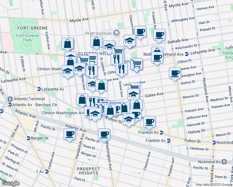 map of restaurants, bars, coffee shops, grocery stores, and more near 57 Cambridge Place in Brooklyn