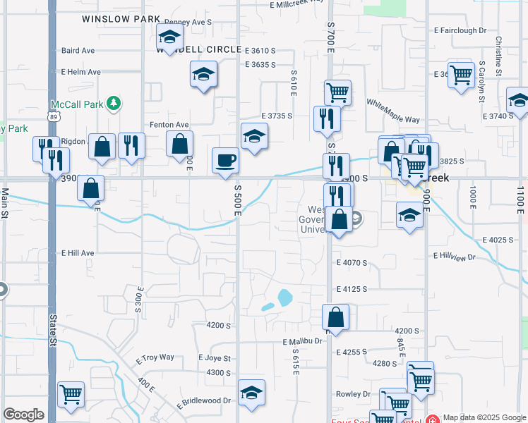 map of restaurants, bars, coffee shops, grocery stores, and more near 3964 South 565 East in Murray
