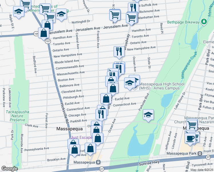 map of restaurants, bars, coffee shops, grocery stores, and more near 142 Baltimore Avenue in Massapequa
