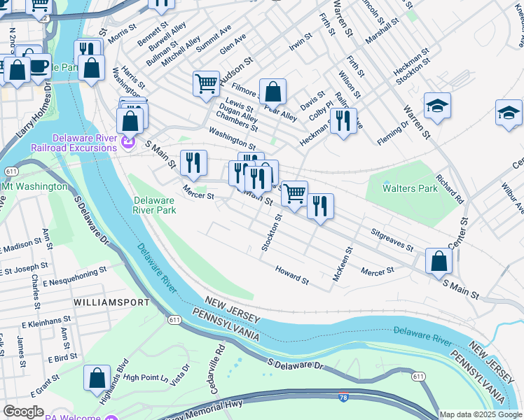 map of restaurants, bars, coffee shops, grocery stores, and more near 50 Fox Street in Phillipsburg