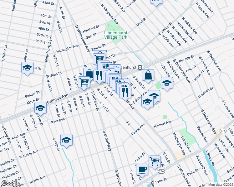 map of restaurants, bars, coffee shops, grocery stores, and more near 166 South Wellwood Avenue in Lindenhurst