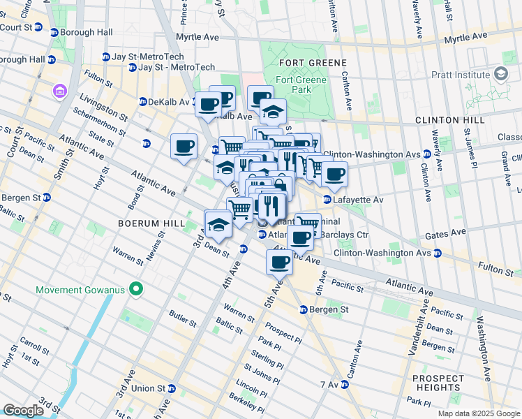 map of restaurants, bars, coffee shops, grocery stores, and more near 121 Saint Felix Street in Brooklyn