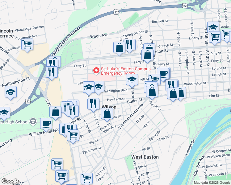 map of restaurants, bars, coffee shops, grocery stores, and more near 2005 Washington Boulevard in Easton