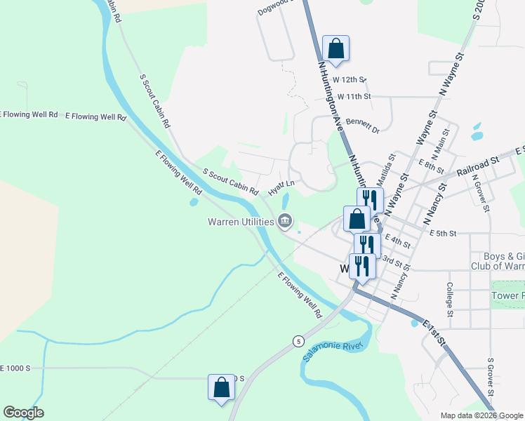 map of restaurants, bars, coffee shops, grocery stores, and more near Hyatt Ln in Warren