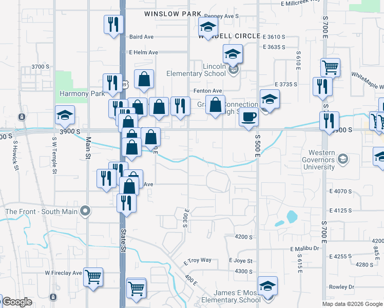 map of restaurants, bars, coffee shops, grocery stores, and more near 3965 South 300 East in Murray