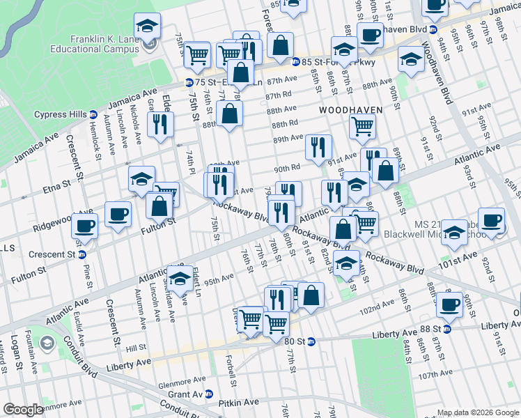 map of restaurants, bars, coffee shops, grocery stores, and more near 91-19 79th Street in Queens