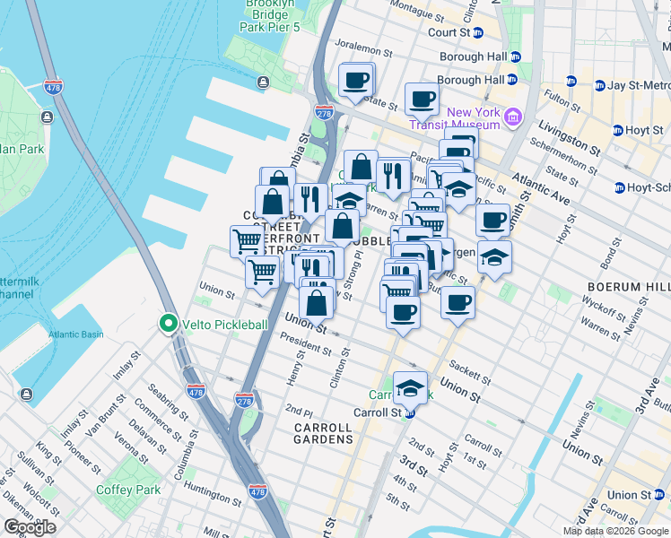 map of restaurants, bars, coffee shops, grocery stores, and more near 20 Strong Place in Brooklyn