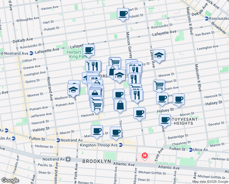 map of restaurants, bars, coffee shops, grocery stores, and more near 418 Madison Street in Brooklyn