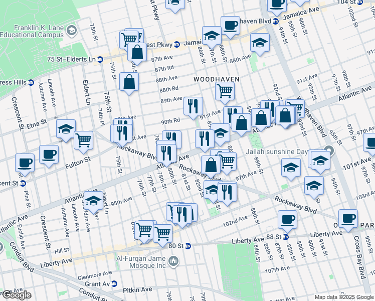 map of restaurants, bars, coffee shops, grocery stores, and more near 91-33 82nd Street in Queens