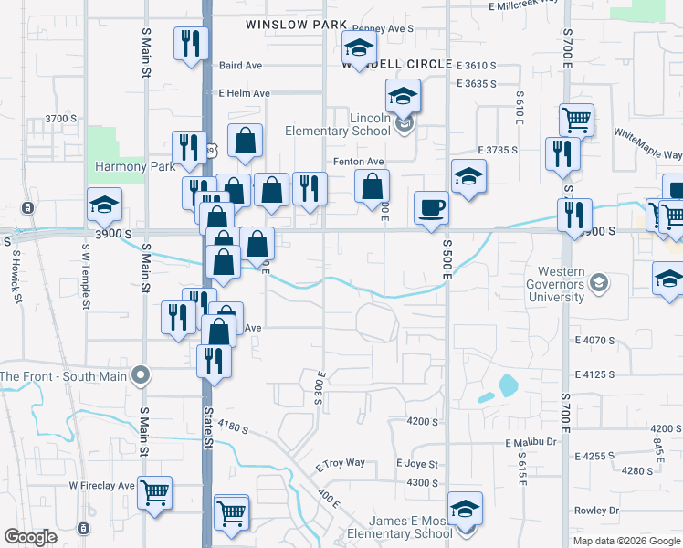 map of restaurants, bars, coffee shops, grocery stores, and more near 3957 South 300 East in Murray