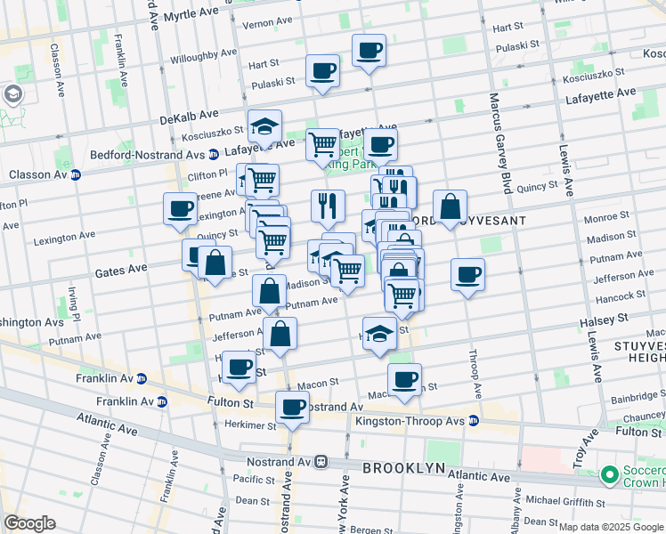 map of restaurants, bars, coffee shops, grocery stores, and more near 283 Monroe Street in Brooklyn