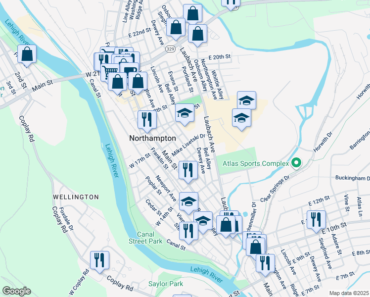 map of restaurants, bars, coffee shops, grocery stores, and more near 16TH Easy Street in Northampton