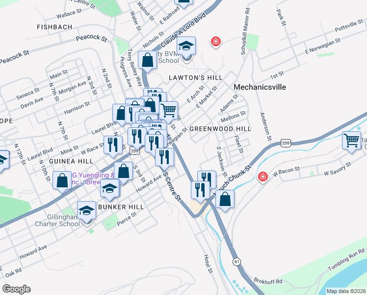 map of restaurants, bars, coffee shops, grocery stores, and more near 331 East Norwegian Street in Pottsville