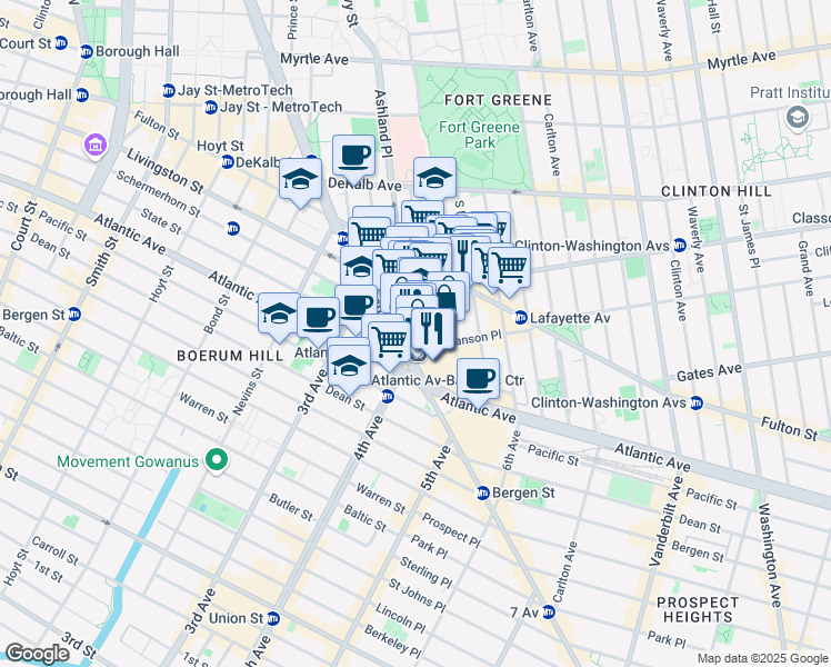 map of restaurants, bars, coffee shops, grocery stores, and more near 121 Saint Felix Street in Brooklyn
