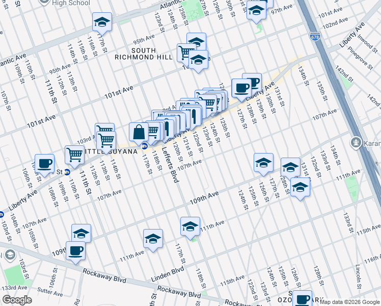 map of restaurants, bars, coffee shops, grocery stores, and more near 121st Street in Queens