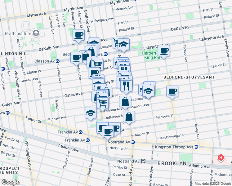 map of restaurants, bars, coffee shops, grocery stores, and more near 370 Gates Avenue in Brooklyn