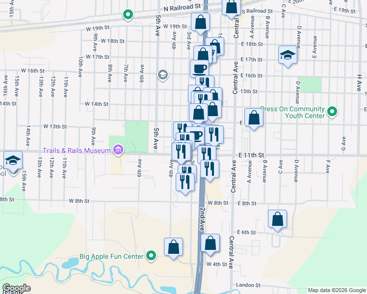 map of restaurants, bars, coffee shops, grocery stores, and more near 398 West 12th Street in Kearney