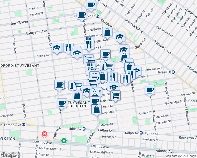 map of restaurants, bars, coffee shops, grocery stores, and more near 716 Jefferson Avenue in Brooklyn