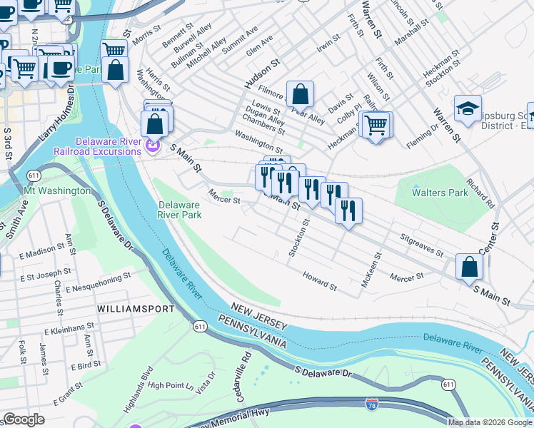 map of restaurants, bars, coffee shops, grocery stores, and more near 11 Cedar Alley in Phillipsburg