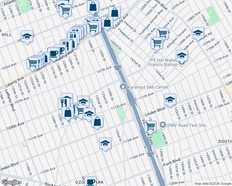 map of restaurants, bars, coffee shops, grocery stores, and more near 109-22 135th Street in Queens