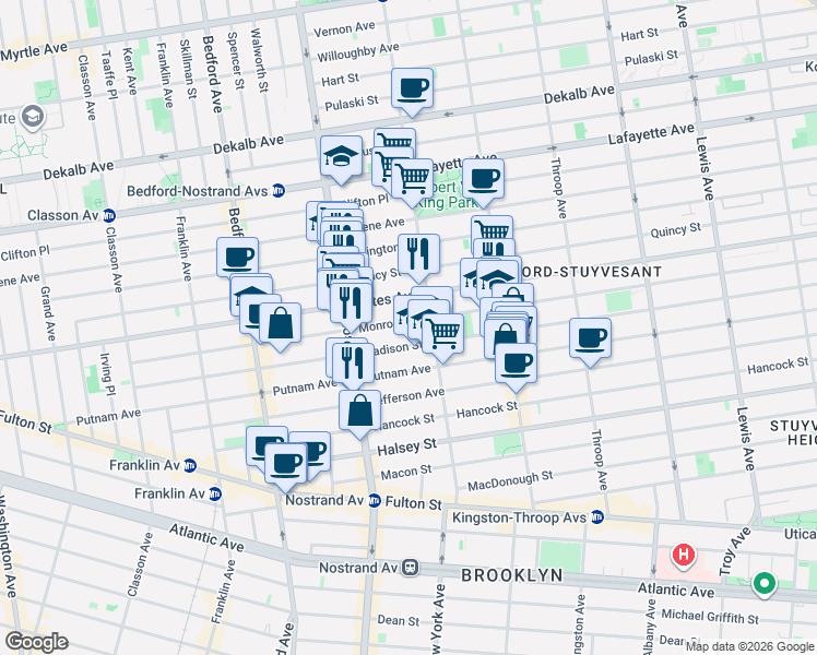 map of restaurants, bars, coffee shops, grocery stores, and more near 272 Monroe Street in Brooklyn