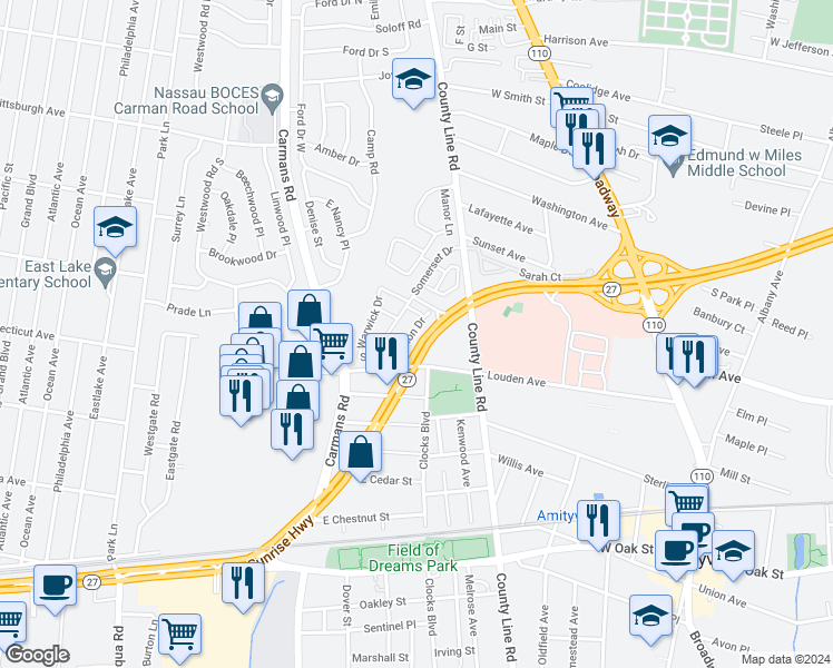 map of restaurants, bars, coffee shops, grocery stores, and more near 43 Southampton Drive in Massapequa