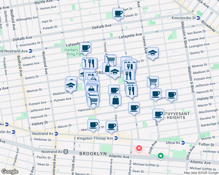 map of restaurants, bars, coffee shops, grocery stores, and more near 416 Madison Street in Brooklyn