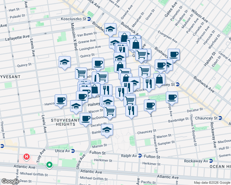 map of restaurants, bars, coffee shops, grocery stores, and more near 753 Hancock Street in Brooklyn