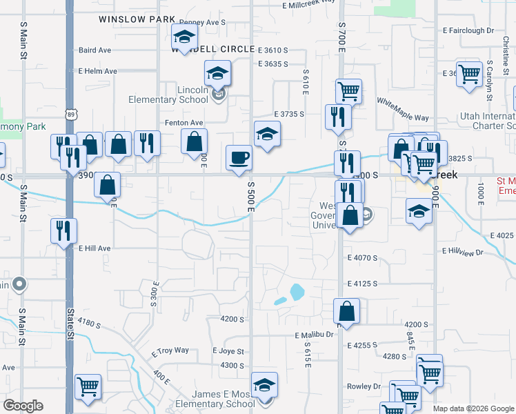 map of restaurants, bars, coffee shops, grocery stores, and more near 518 East 3955 South in Murray