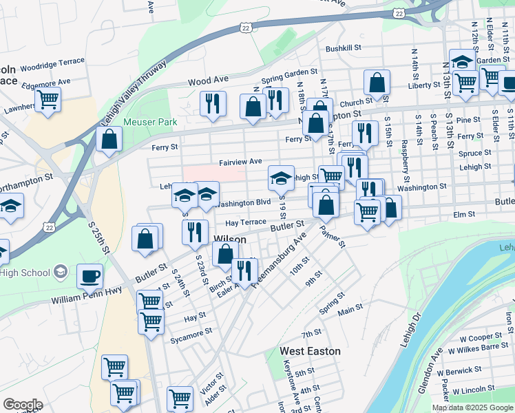 map of restaurants, bars, coffee shops, grocery stores, and more near 1942 Washington Boulevard in Easton