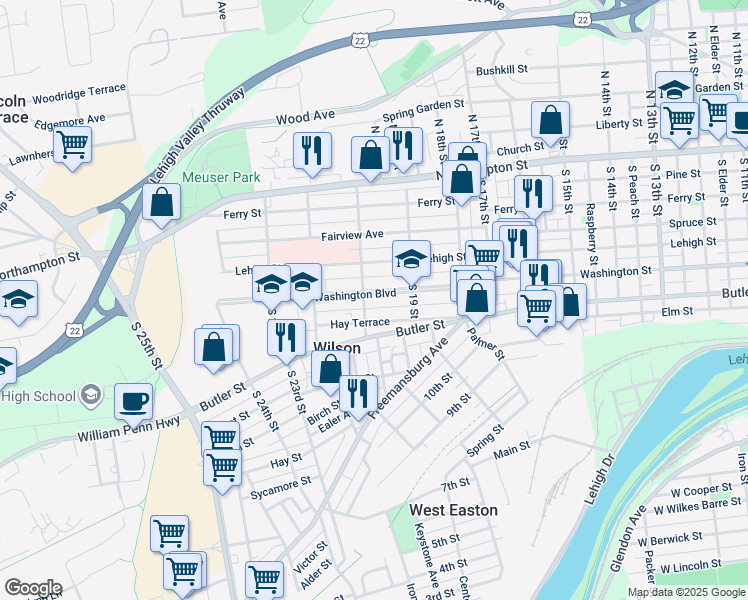 map of restaurants, bars, coffee shops, grocery stores, and more near 1946 Washington Boulevard in Easton