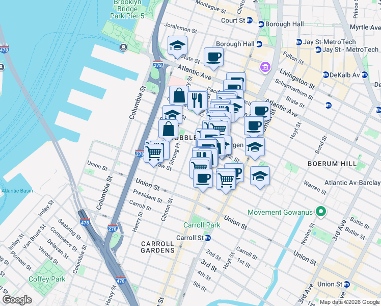 map of restaurants, bars, coffee shops, grocery stores, and more near 315 Clinton Street in Brooklyn