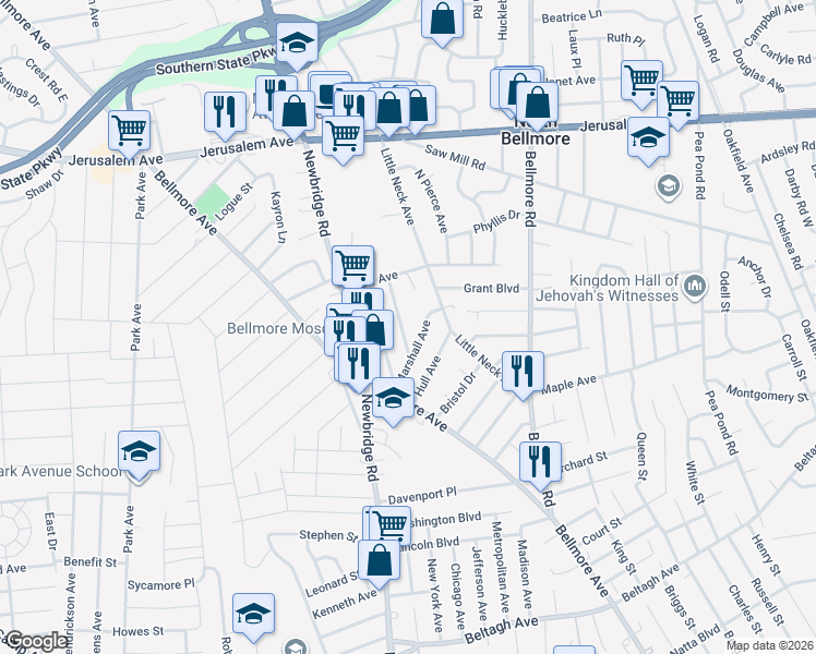 map of restaurants, bars, coffee shops, grocery stores, and more near 1402 Harding Street in North Bellmore