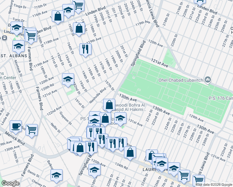map of restaurants, bars, coffee shops, grocery stores, and more near 60 Springfield Boulevard in Queens