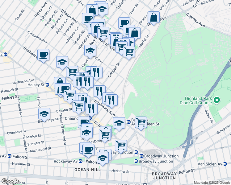 map of restaurants, bars, coffee shops, grocery stores, and more near 760 Chauncey Street in Brooklyn