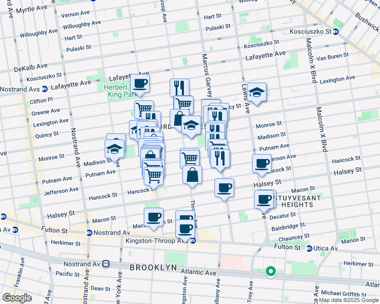 map of restaurants, bars, coffee shops, grocery stores, and more near 485 Throop Avenue in Brooklyn